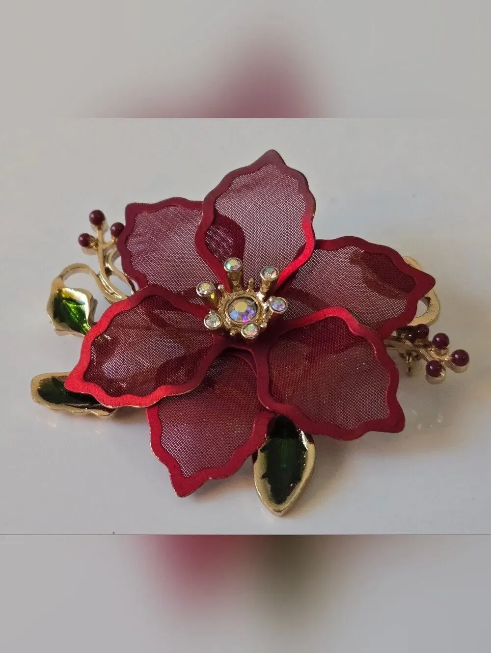 KENNETH COLE Red Floral Brooch with Rhinestone Center